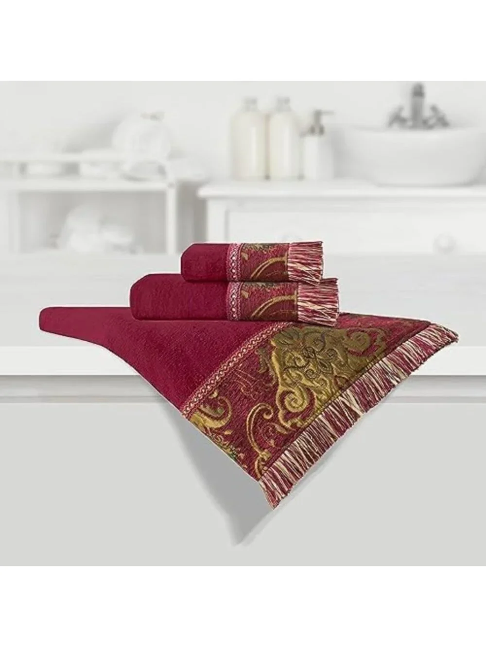 Luxury Cotton Bath Towel Set - 3 Piece Damask Design, Soft & Absorbent, Red